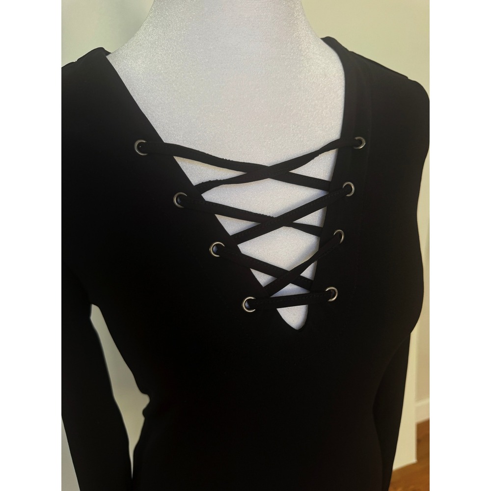 Forever 21 Black Mini Dress Long Sleeve Bodycon V Neck Women's Medium Y2K - Picture 4 of 6